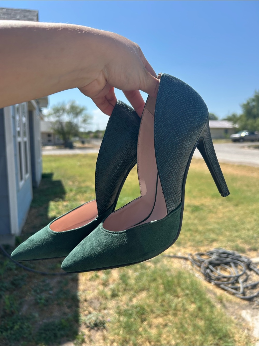 Snake Skin & Suede Dark Green Pointed-Toe Stiletto Pumps